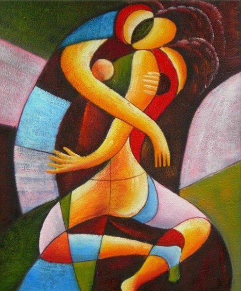 CUBIST OIL PAINTING OF LOVING COUPLE 