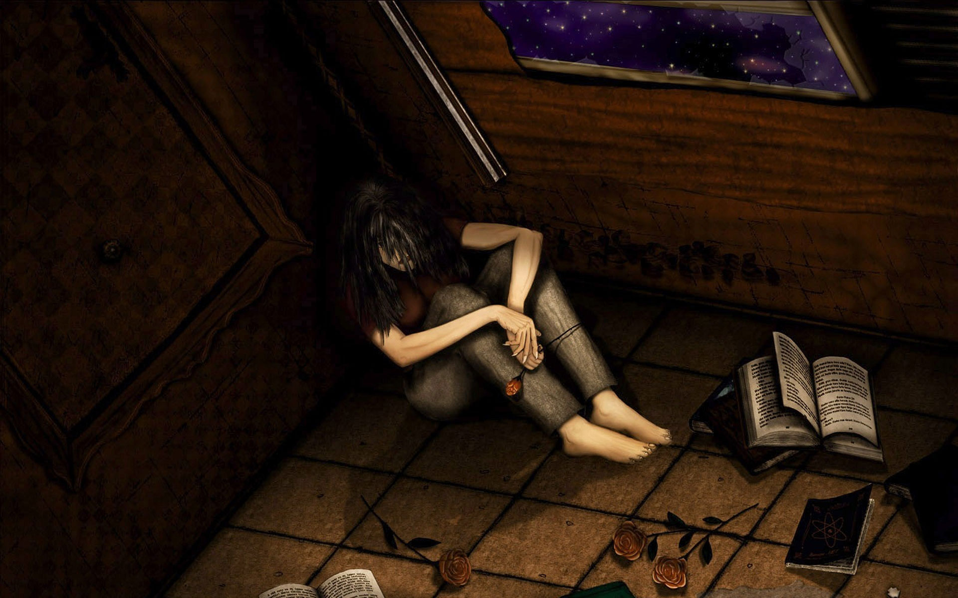 Sad animated girl in the corner of the room